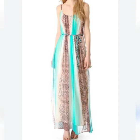 charlie jade Silk Turquoise Teal Brown Animal Print Belt Maxi Dress Size Small - Picture 5 of 11
